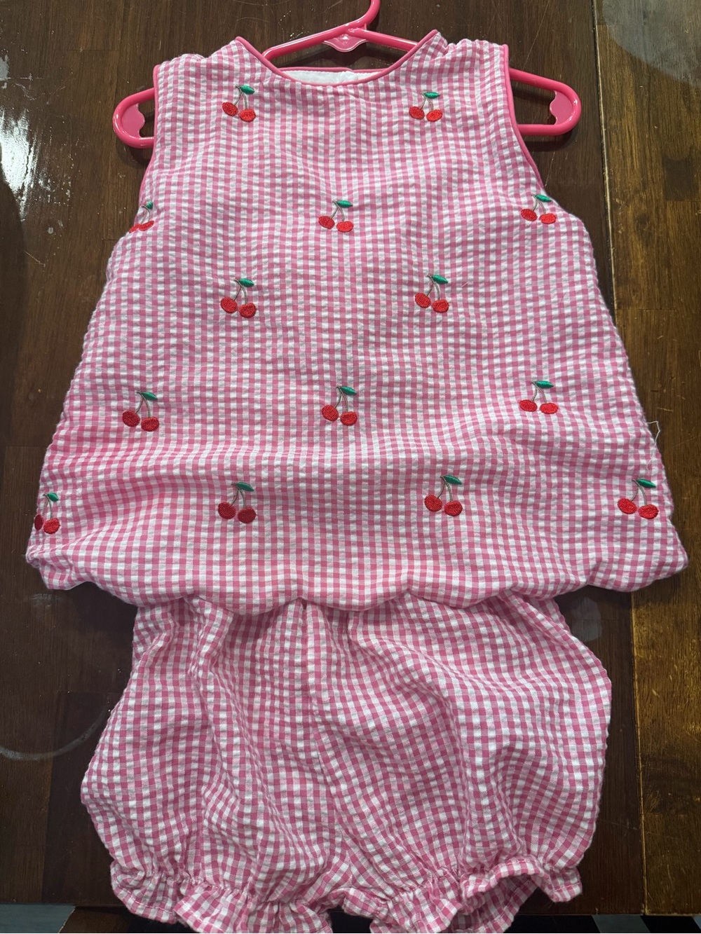 Pink Gingham Cherry Embroidered Kids Matching Set NEVER WORN